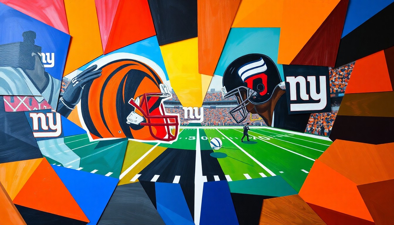 A fragmented, cubist-style painting depicting a football game or match between the Cincinnati Bengals and New York Giants, with the players and field broken down into sharp, overlapping geometric shapes and planes in vibrant team colors.