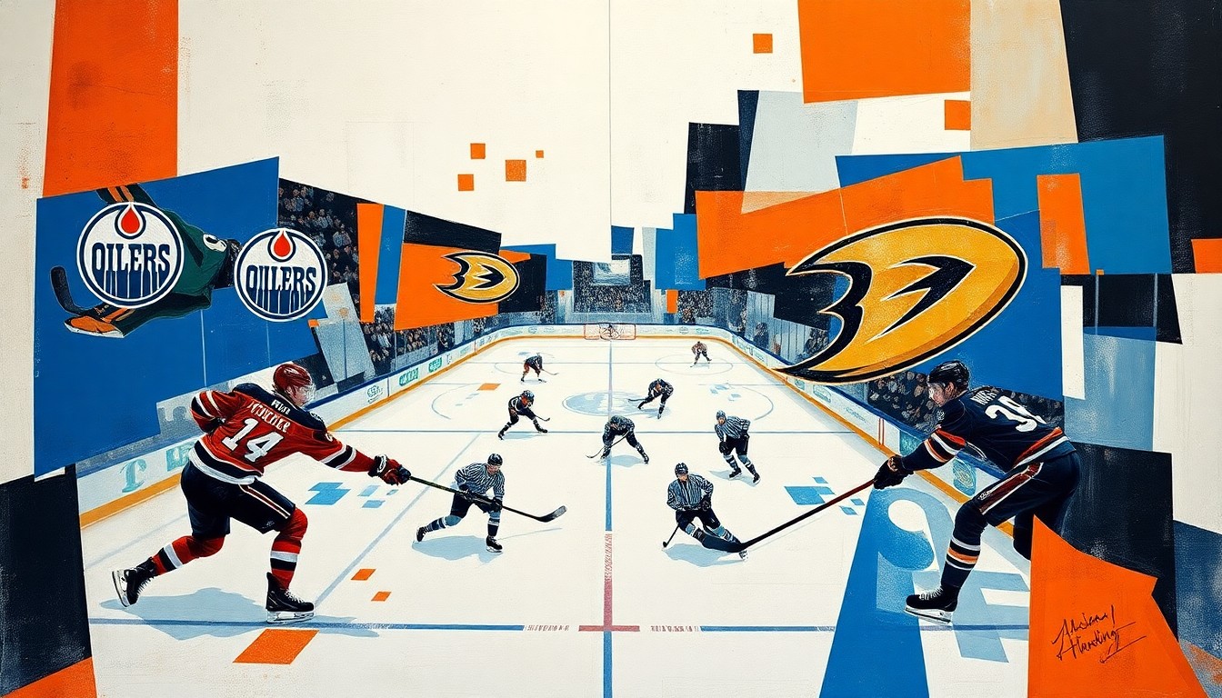 A cubist, geometric painting depicting the action of a hockey game between the Edmonton Oilers and Anaheim Ducks, with the players' movements and the game itself broken down into abstract shapes and forms in shades of blue, orange, and black.