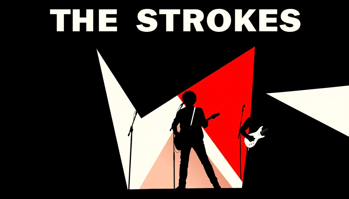 A bold, abstract poster design featuring stark black and white geometric shapes arranged in a dynamic, energetic composition, conceptually representing the live performance of The Strokes.