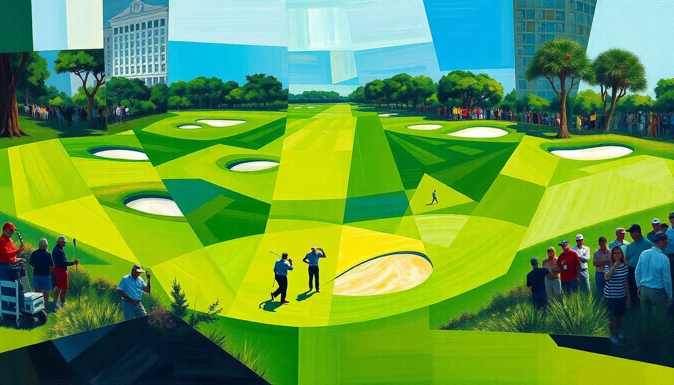 A cubist, geometric painting depicting the final round of a golf tournament, with overlapping planes of green fairways, sand traps, and silhouettes of golfers, capturing the dynamic energy and multiple perspectives of the competition.