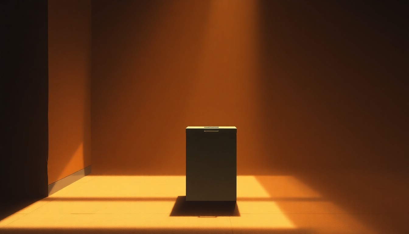 A photorealistic painting of a lone ballot box sitting on a city street, the box's metallic surface reflecting the warm glow of the sun as it casts long shadows across the pavement, capturing the quiet tension and high stakes surrounding the battle over election integrity.