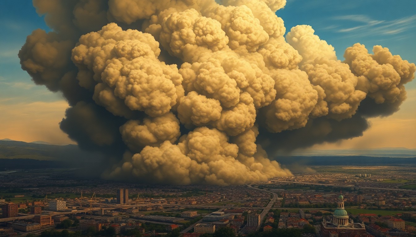 A sweeping, atmospheric landscape painting depicting a towering plume of thick, dark smoke billowing up from a densely populated urban area, conveying the overwhelming, sublime power of a raging fire.