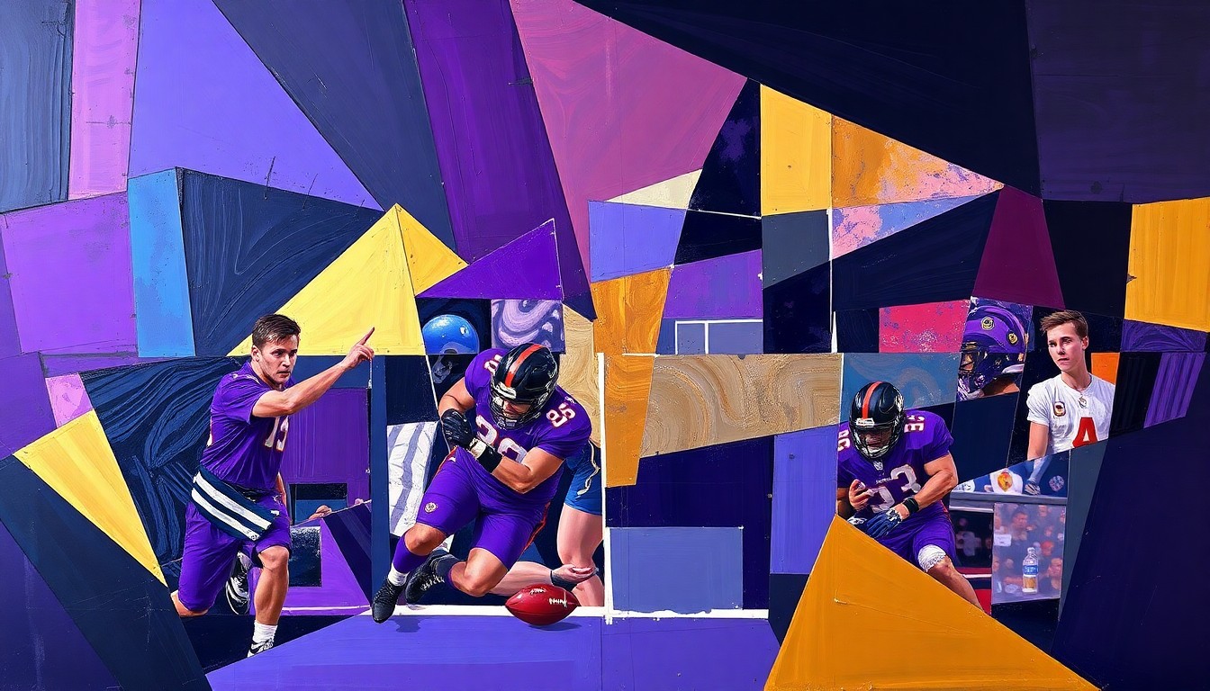 A cubist, geometric painting depicting fragmented, overlapping shapes and planes in shades of purple, blue, and gold, representing the complex strategic decisions and high-stakes action of the NFL draft.