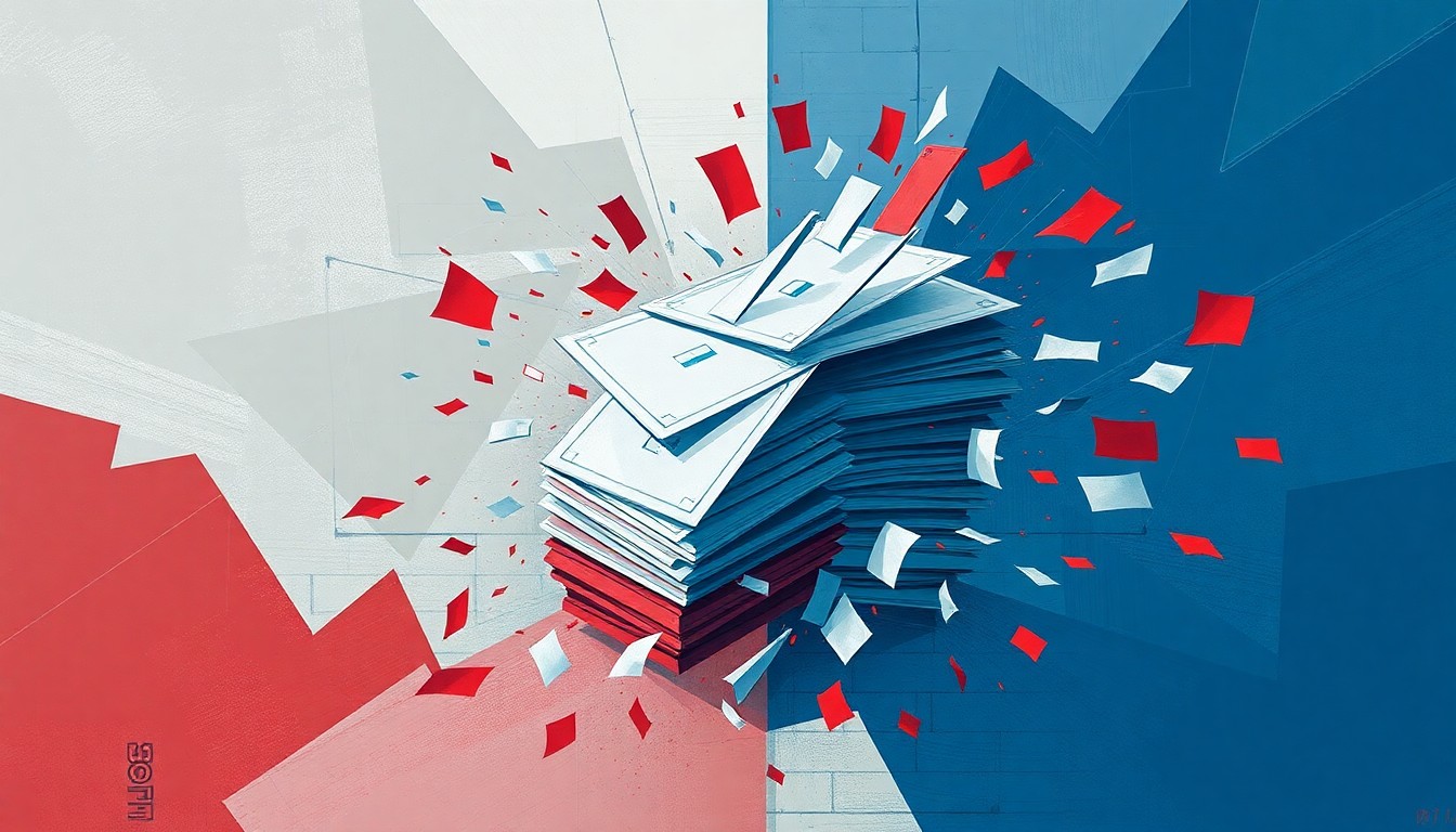 A dynamic, fragmented painting in shades of blue, grey, and red depicting a stack of voting ballots in motion, conveying a sense of political turbulence and uncertainty.