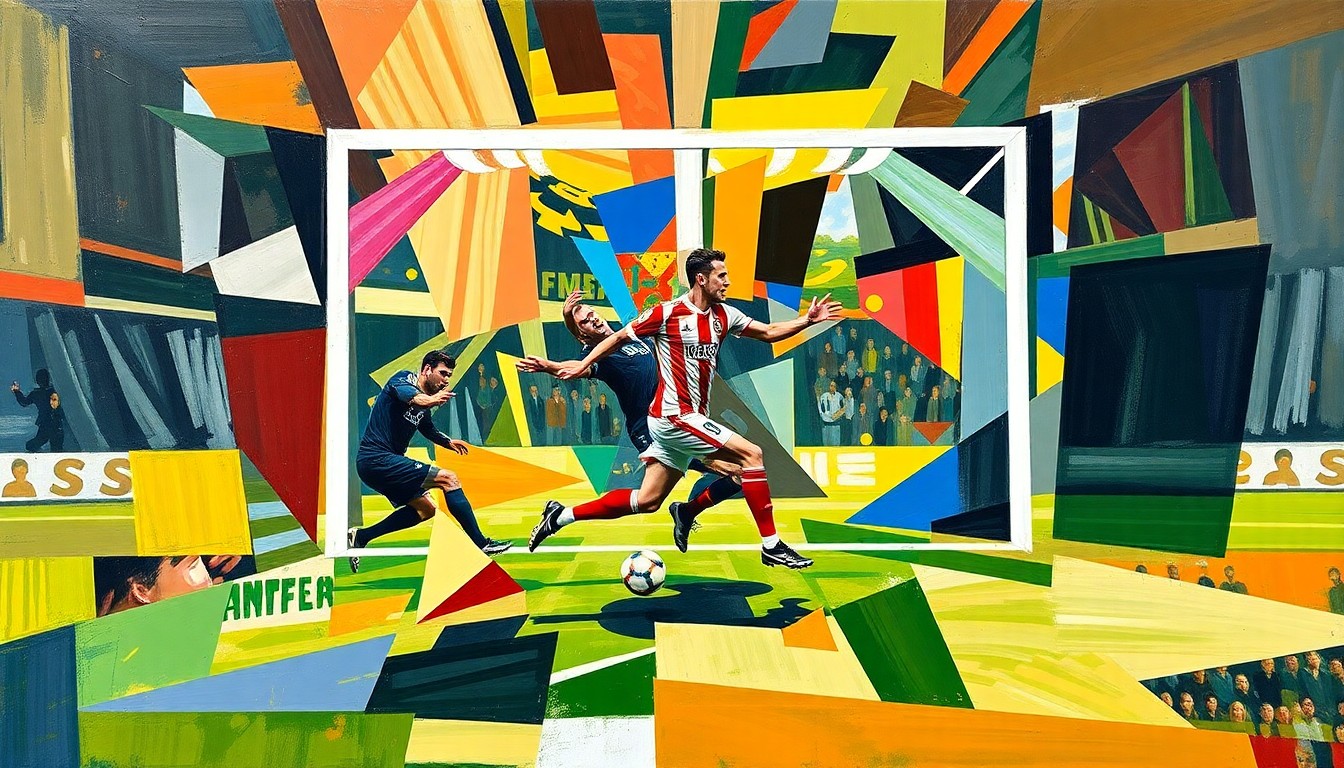 A cubist, geometric painting depicting the motion and energy of Timo Werner's solo goal, with sharp, overlapping planes of color and form representing the dynamic action on the field.