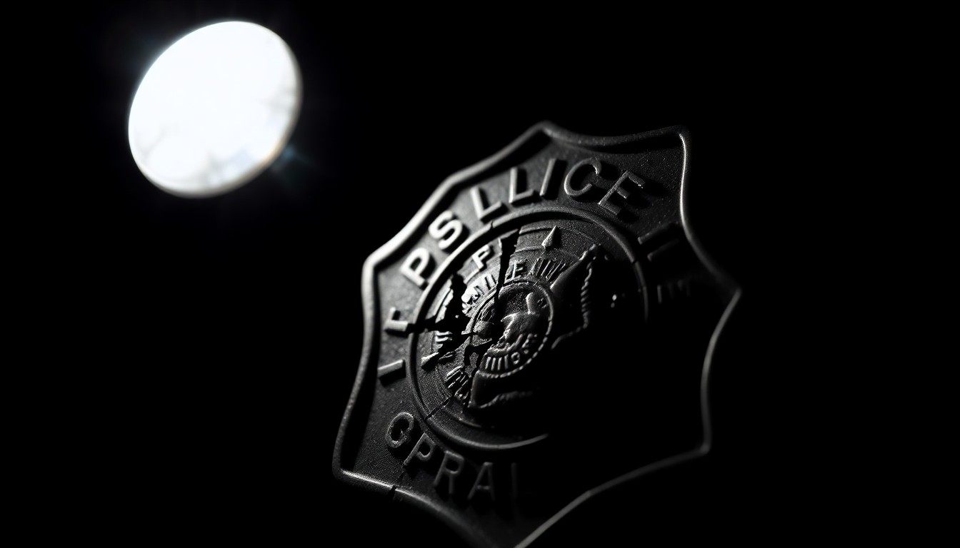 An extreme close-up photograph of a cracked and damaged law enforcement badge or insignia, lit by a harsh, direct camera flash against a pitch-black background, conveying a sense of the gritty, investigative nature of this tragic incident.