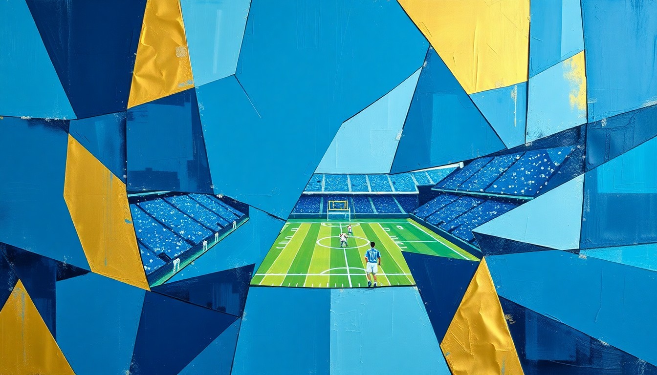 A cubist, geometric painting depicting a fragmented football game scene, with sharp, overlapping planes of navy blue, powder blue, and gold conveying the intensity and complexity of offensive line play.