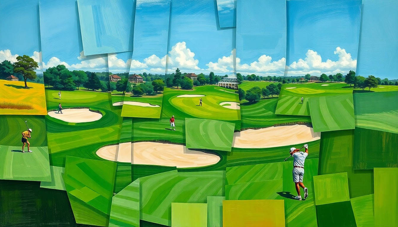 A fragmented, geometric painting depicting a golf tournament, with overlapping planes of green fairways, sand traps, and golfers in motion, conveying the energy and dynamism of the event.
