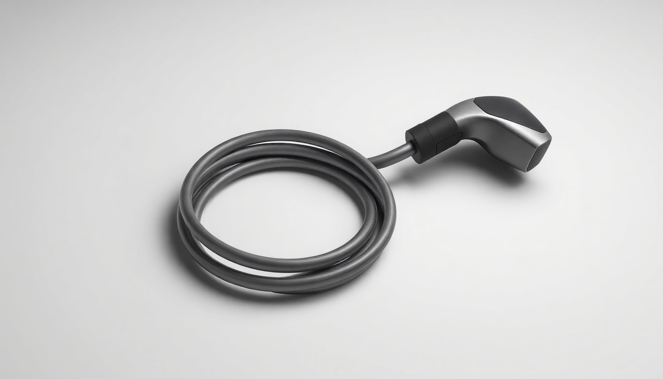 A high-end, photorealistic studio still-life photograph featuring a sleek, metallic electric vehicle charging cable coiled on a clean, monochromatic background, symbolizing Faraday Future's technological innovation in the electric mobility and robotics space.