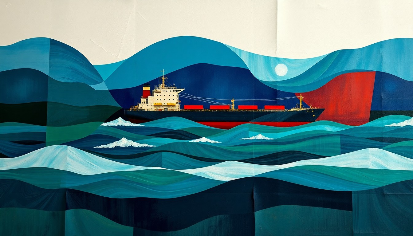 A fractured, abstract painting depicting an oil tanker ship in the Strait of Hormuz, with overlapping geometric shapes and waves of deep blues, greens, and reds, conveying a sense of tension and instability in the region.