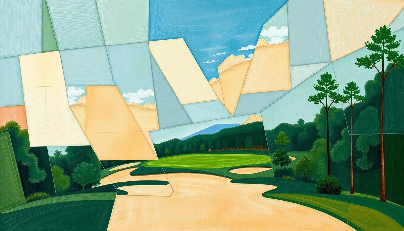 A fragmented, geometric painting depicting a golf course scene, with sharp, overlapping planes of color representing the complex personal and professional struggles of Tiger Woods.