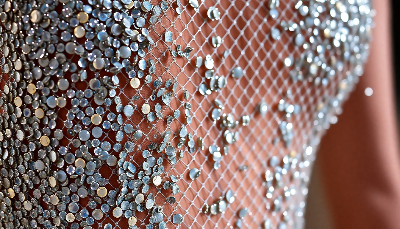 An abstract, high-contrast close-up photograph of the intricate, glittering textures of Heidi Klum's sheer fishnet dress, capturing the luxurious and dramatic nature of the ensemble.