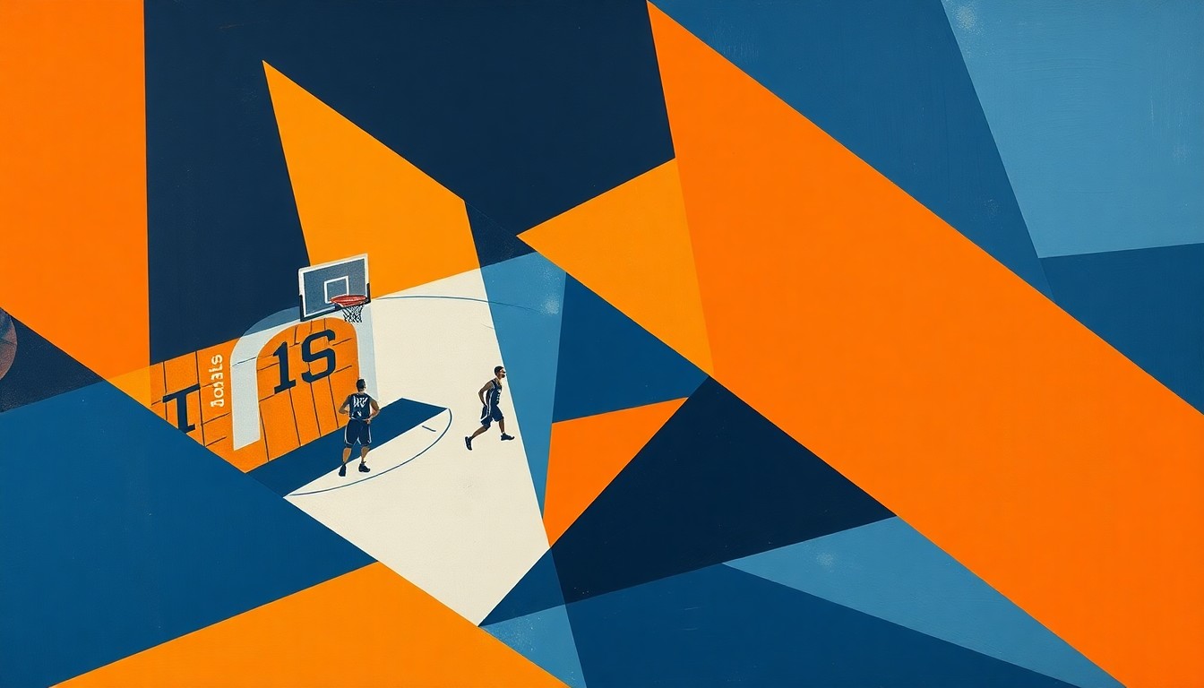 A cubist-style painting depicting a basketball game broken down into sharp, geometric shapes and planes in navy blue, orange, and white, conveying the dynamic energy and intensity of the playoff matchup.