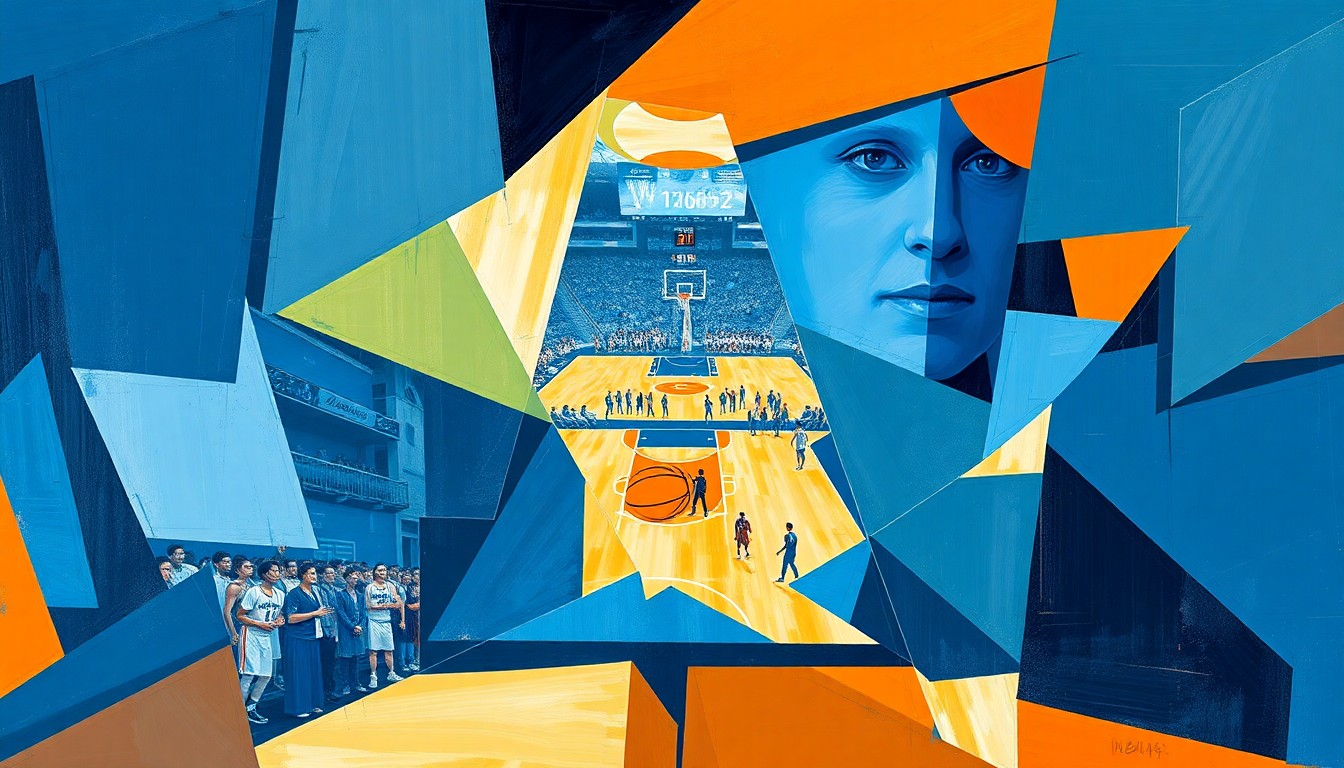 A fragmented, abstract painting in shades of blue, orange, and white, featuring sharp, overlapping geometric shapes that suggest the motion and action of a WNBA basketball game.