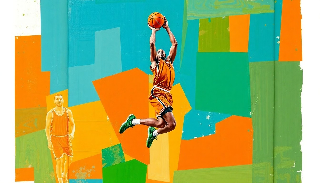 A fractured, cubist-style painting depicting a basketball player in mid-jump shot, with the figure broken down into sharp, overlapping geometric shapes in a vibrant color palette, capturing the energy and movement of the sport.