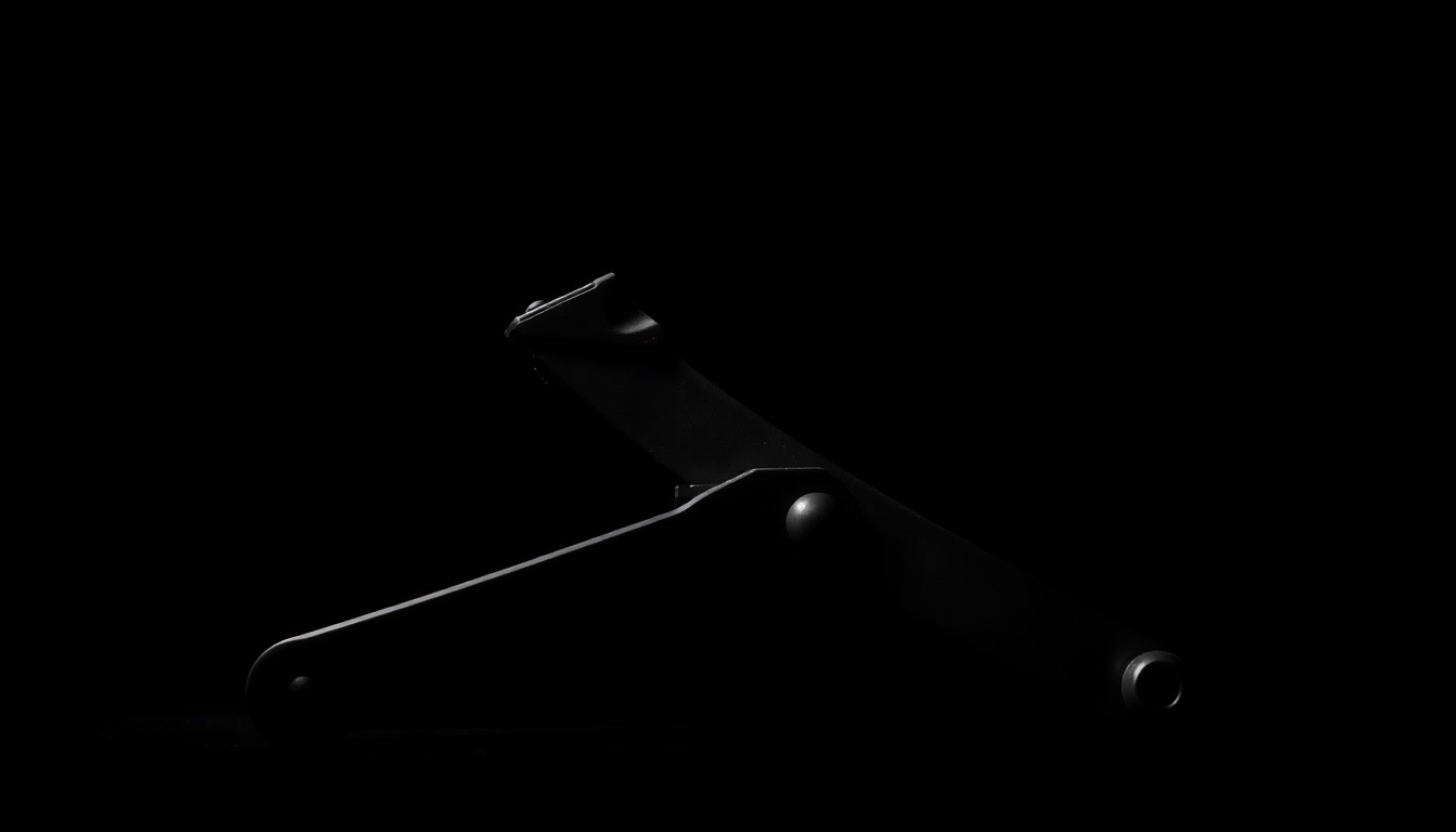 An extreme close-up photograph of a car jack against a pitch-black background, the metallic texture and dramatic shadows creating a stark, gritty aesthetic that conceptually represents the dangers of DIY vehicle repair.