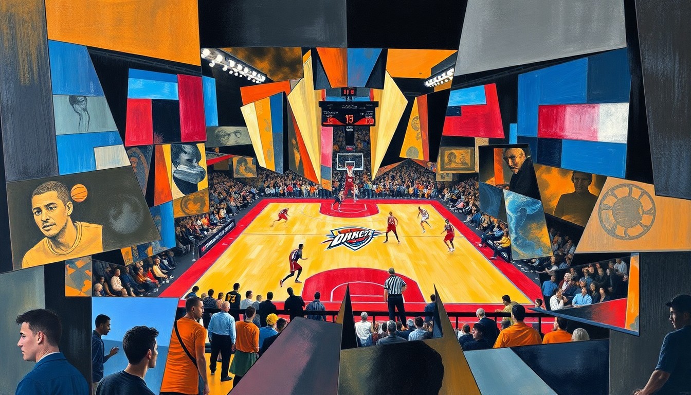 A cubist-inspired illustration depicting a Thunder basketball game, with the players and court broken down into sharp, geometric shapes and planes, capturing the team's multifaceted approach to the game.