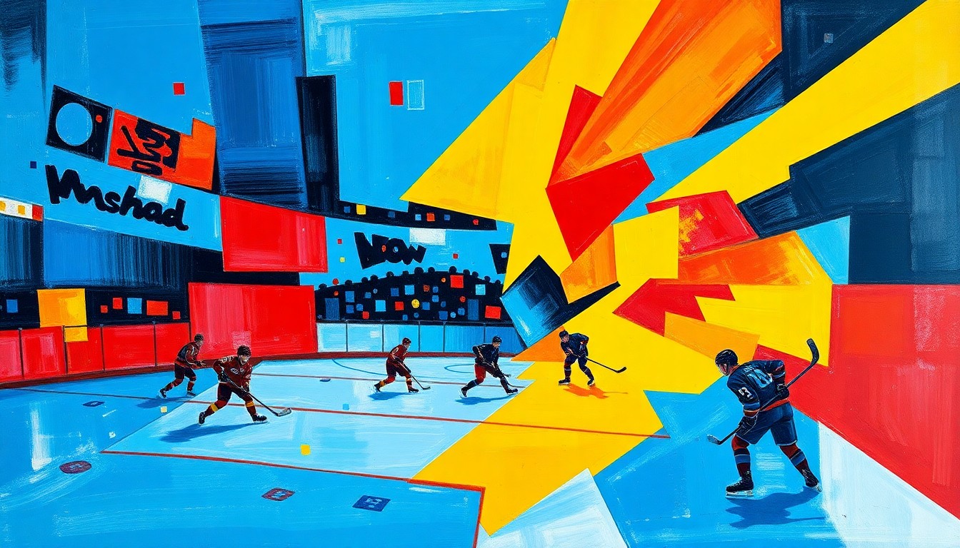 A fragmented, geometric painting in bold colors depicting the energy and excitement of a hockey game, with players and fans blended into an abstract, multi-angled composition.