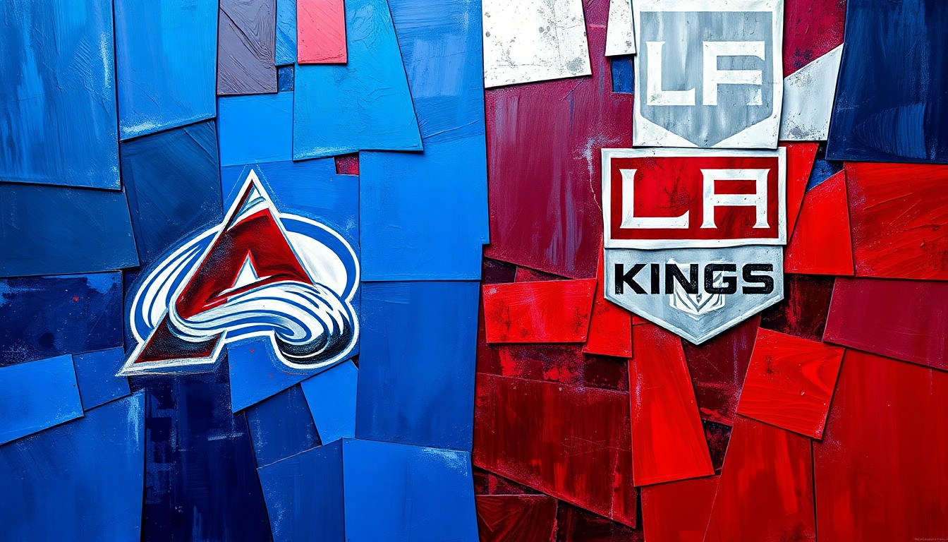 A cubist, geometric painting depicting the action of a hockey game, with sharp, overlapping planes of blue, red, and silver representing the players, puck, and arena.