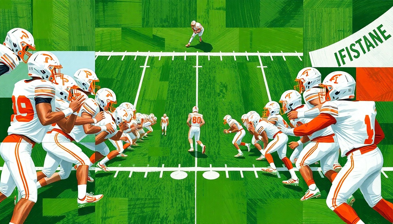 A fragmented, geometric painting depicting the action and movement of a college football spring game, with overlapping planes of green, white, and orange creating a dynamic, abstract composition.