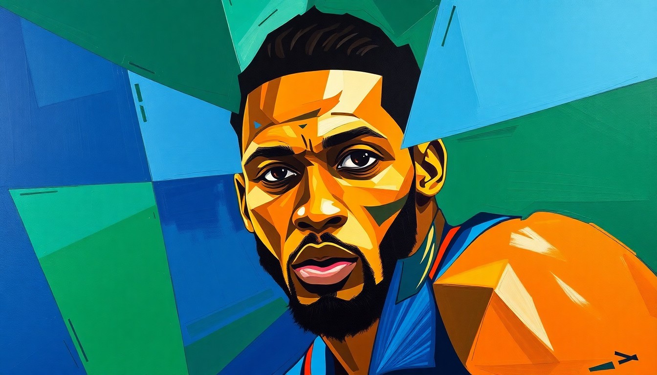 A cubist, geometric painting depicting Giannis Antetokounmpo in various basketball poses, with overlapping planes of color representing the complex emotions and perspectives surrounding his loyalty to the Bucks.