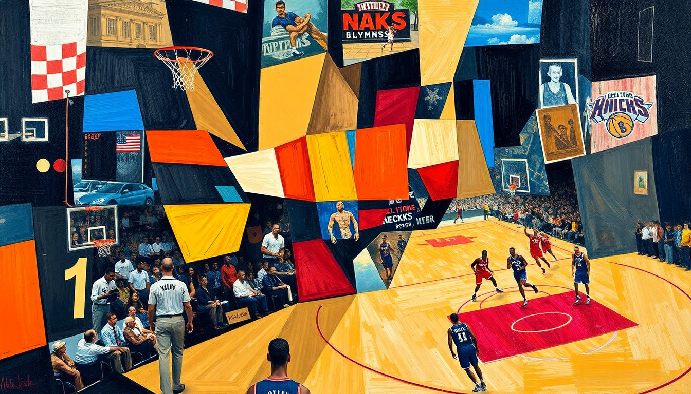A cubist, geometric painting depicting a basketball game, with overlapping planes of color and shape representing the action on the court.