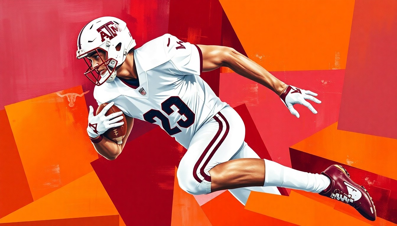 A cubist, geometric painting depicting a football player in motion, with sharp, overlapping planes of maroon, white, and burnt orange colors representing the competing schools.