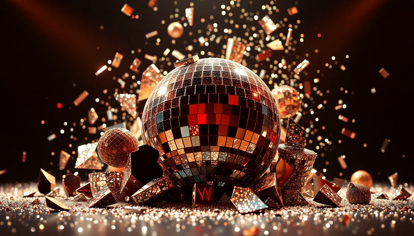 An abstract close-up photograph of shattered, glittering disco ball fragments in high-contrast studio lighting, conveying the extravagant and over-the-top nature of the WWE entertainment industry.