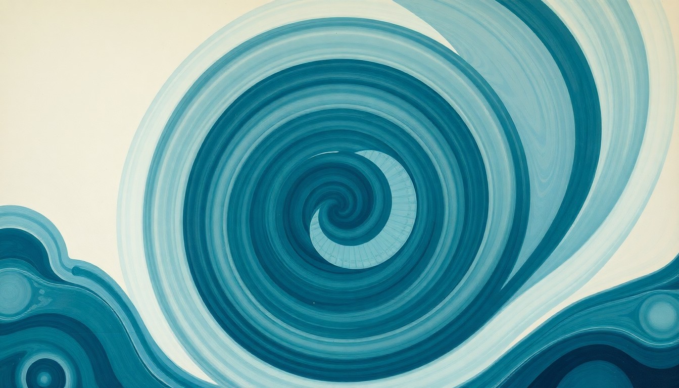 An abstract, highly structured painting in soft blues, greens, and grays, depicting sweeping geometric arcs, concentric circles, and precise botanical spirals, conceptually representing the complex interconnected forces of the ocean ecosystem.