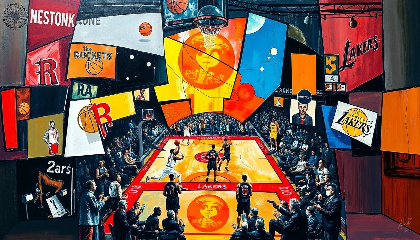 A cubist, geometric painting depicting a basketball game between the Houston Rockets and Los Angeles Lakers, with the players and court broken down into sharp, overlapping shapes and planes of color, conveying the disjointed nature of the Rockets' offense without their leading scorer.
