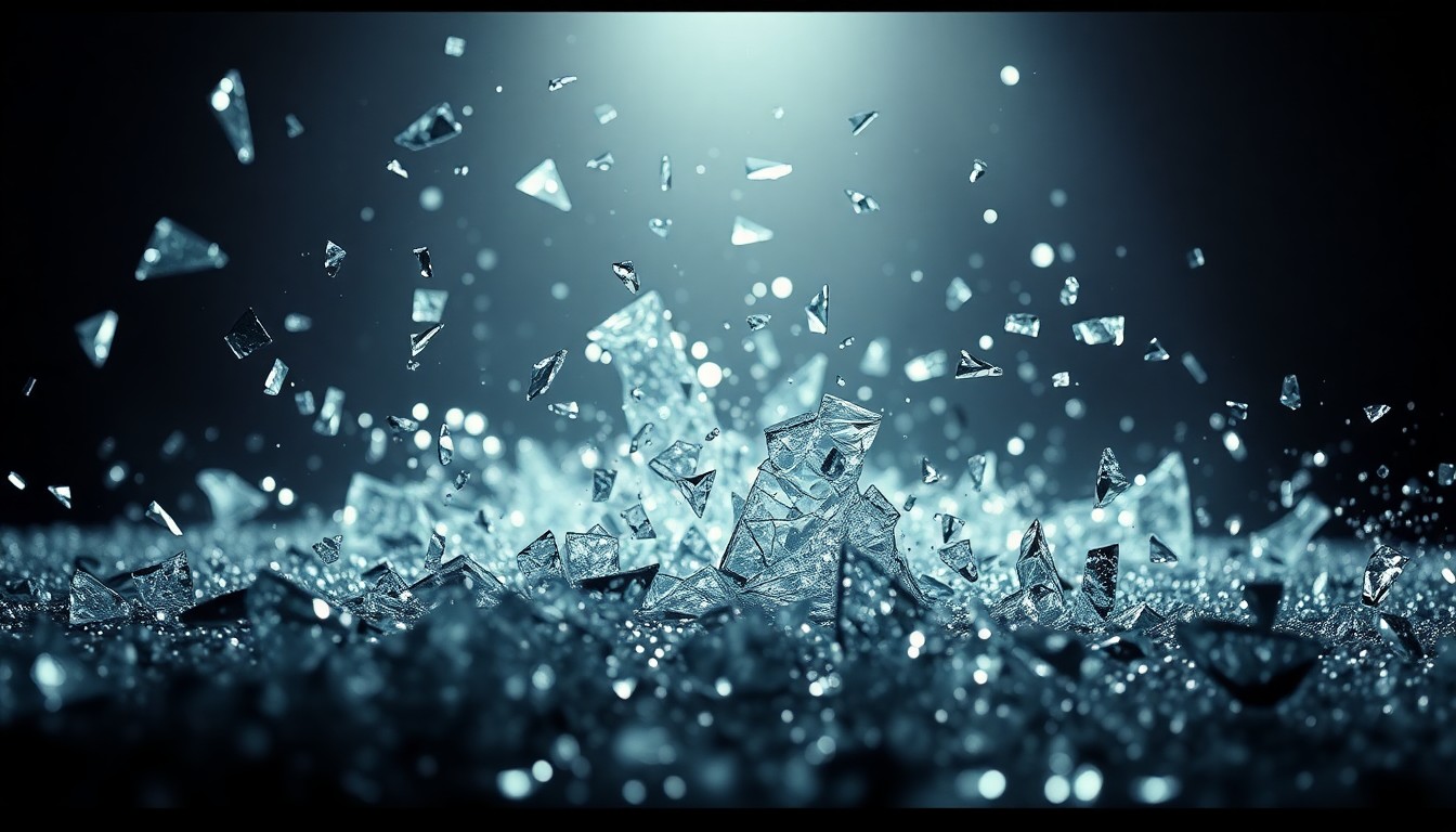 An extreme, abstract close-up of shattered glass and glittering shards, captured in dramatic, high-contrast studio lighting to create a conceptual representation of the box office disappointment surrounding the new Mummy film.