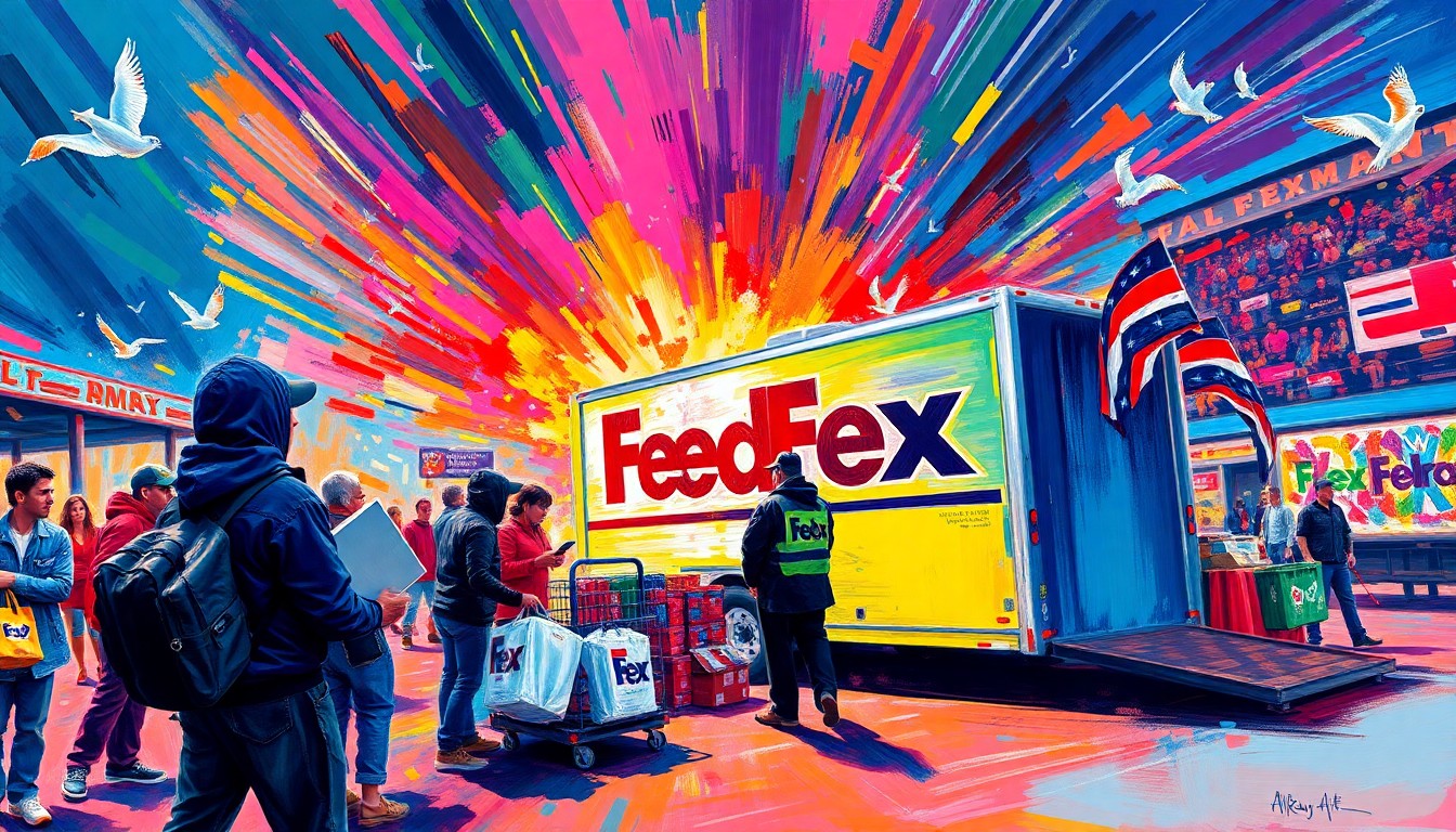 An abstract, energetic painting in neon colors depicting the frenetic activity of fans shipping their WrestleMania purchases at the mobile FedEx station outside the stadium.