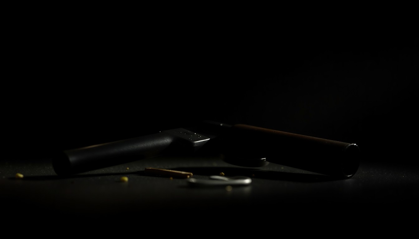 An extreme close-up photograph of a discarded weapon or piece of evidence, with harsh lighting and a stark, gritty aesthetic, conceptually representing the investigation into the late-night incident on Clematis Street.