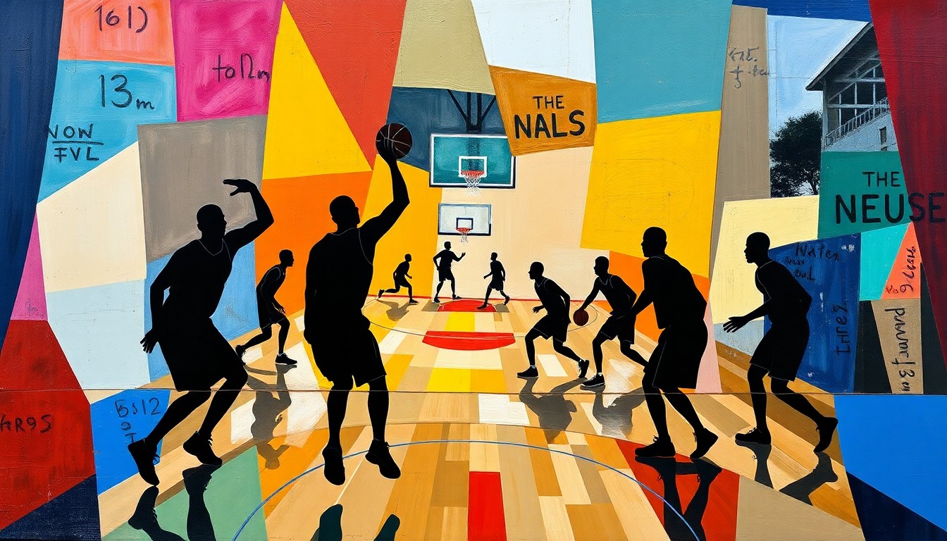 A cubist-style painting featuring the silhouettes of basketball players in various poses, with the court and ball deconstructed into abstract shapes and planes of color, capturing the energy and movement of a WNBA game.
