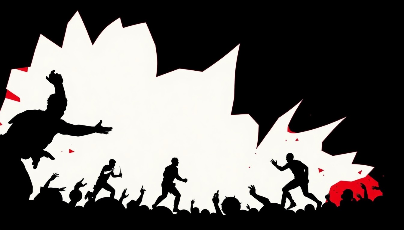 An extreme close-up of jagged, abstract geometric shapes in black, red, and white, conceptually representing the wild, unpredictable nature of the Immortal Clusterf*ck match.