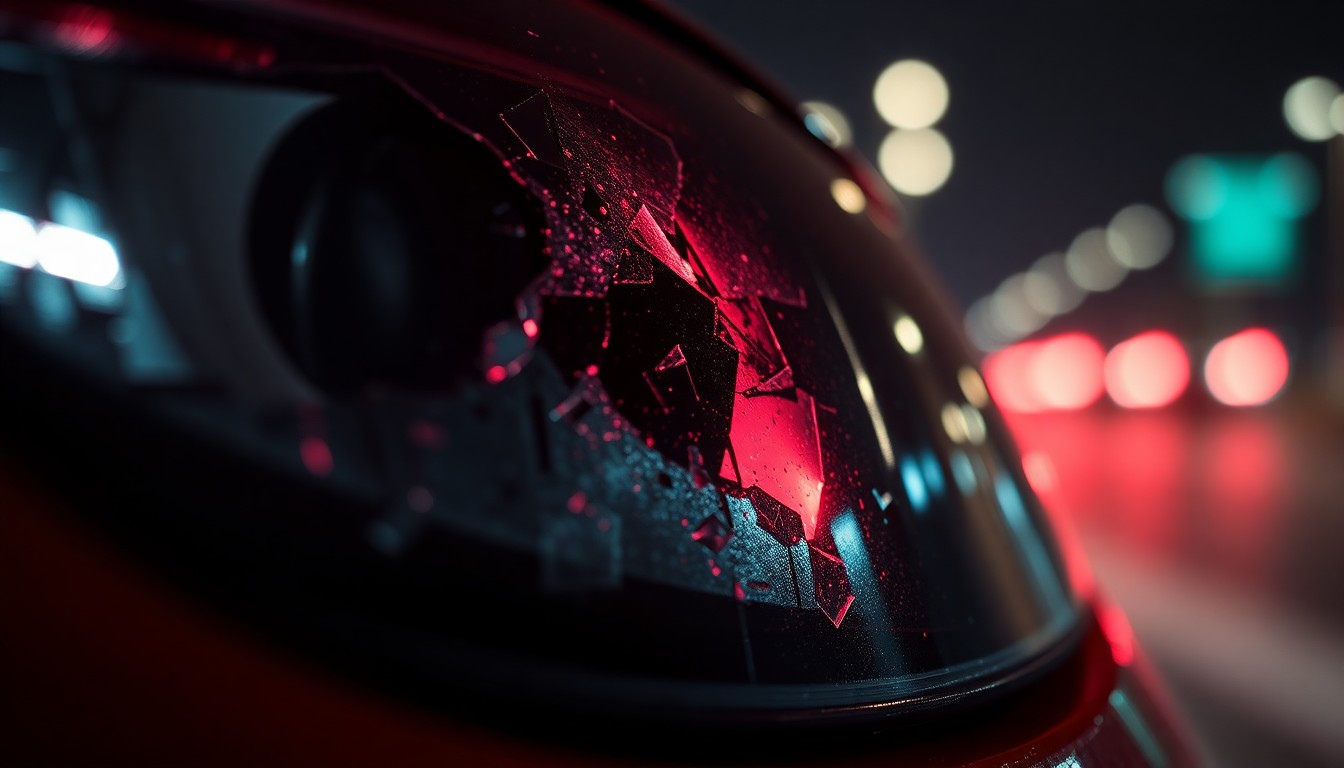 An extreme close-up of a shattered car sensor lens reflecting a faint red light, conceptually illustrating the vandalism of self-driving cars.