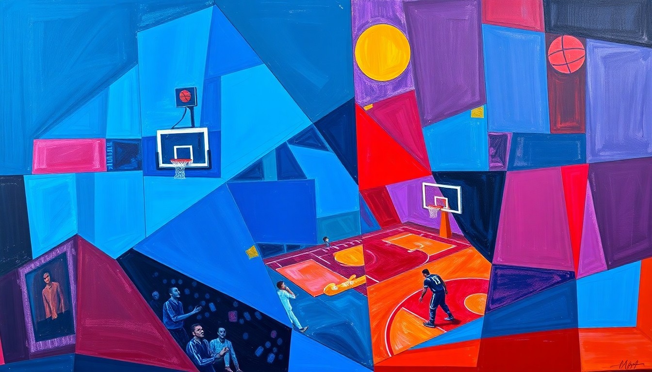 A cubist-style painting featuring fragmented, geometric shapes in shades of blue, red, and purple, conceptually representing the disjointed play of the Detroit Pistons in their playoff opener against the Orlando Magic.