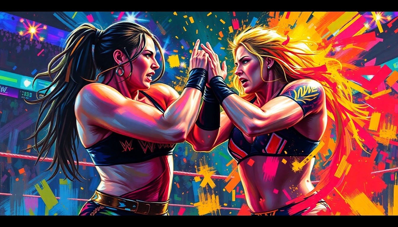 An abstract, neon-hued expressionist painting depicting the intense action and emotion of a championship wrestling match, with the figures of the competitors blending into vibrant, dynamic brushstrokes.