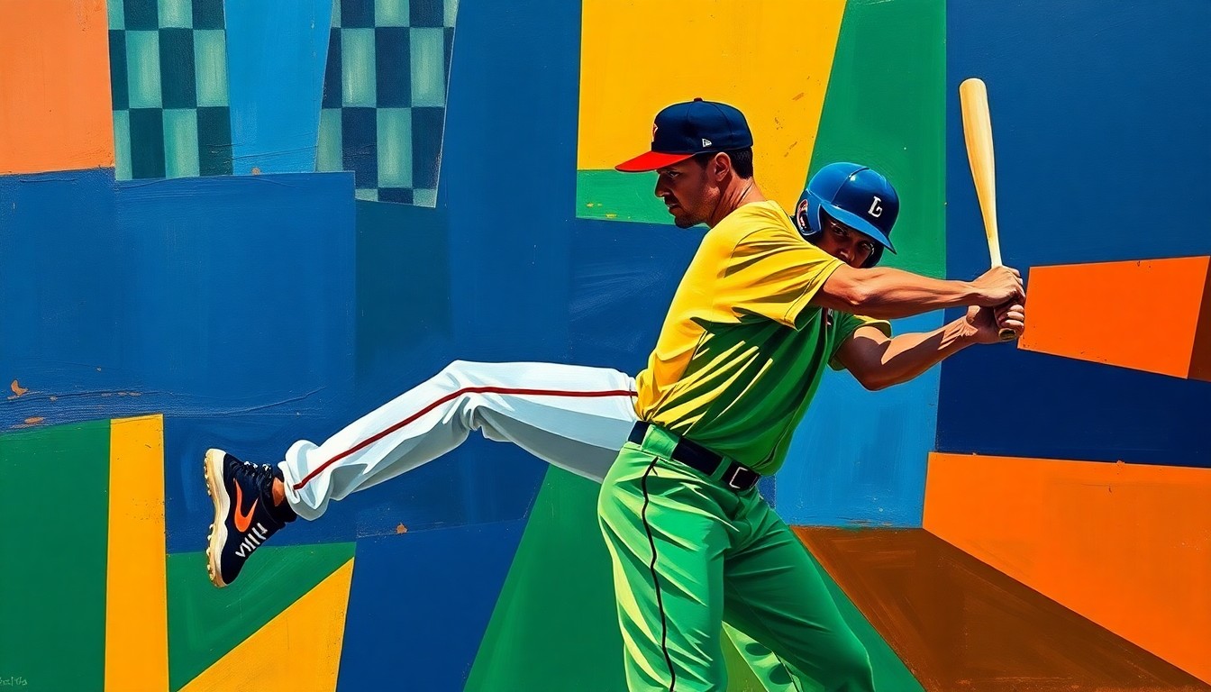A fragmented, geometric painting depicting the motion of a baseball pitcher and batter, with sharp planes of navy, green, and orange colors representing the tension and energy of the game.