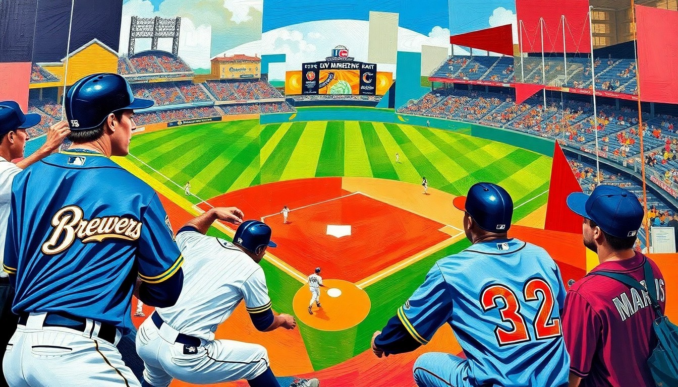 A fractured, geometric painting depicting a baseball game, with the players and field broken down into sharp, overlapping planes of color representing the Brewers and Marlins uniforms.
