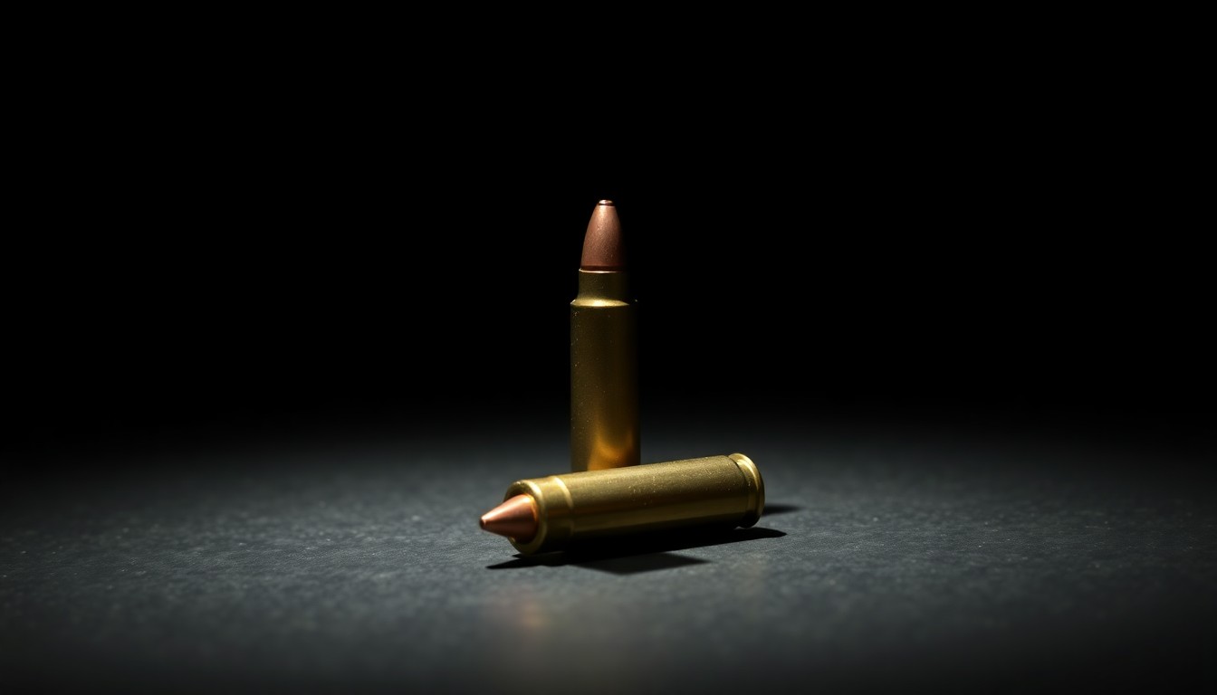 An extreme close-up photograph of a single bullet casing on a dark background, lit by a harsh, direct camera flash, conceptually illustrating the threat of firearms in a school setting.