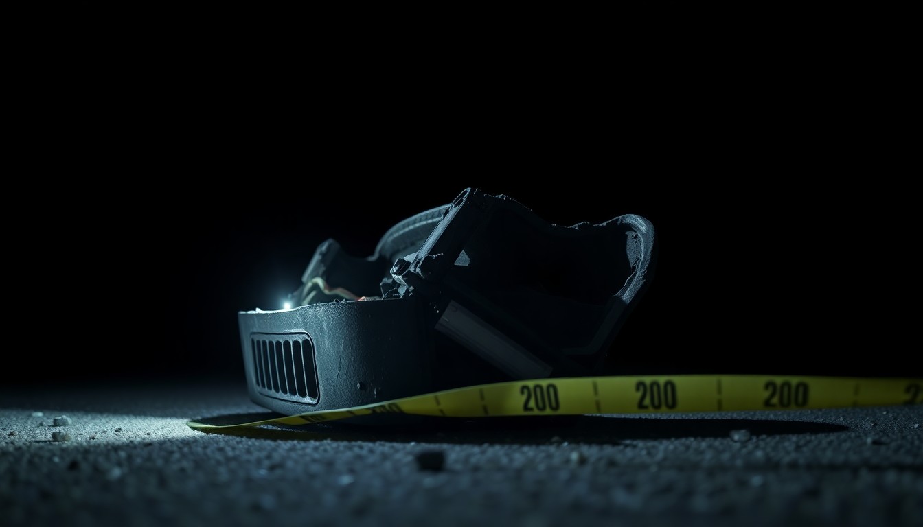 An extreme close-up photograph of a damaged car part or piece of evidence from the truck accident scene, lit by a harsh, direct camera flash against a pitch-black background, conceptually illustrating the gritty investigation into this fatal crash.