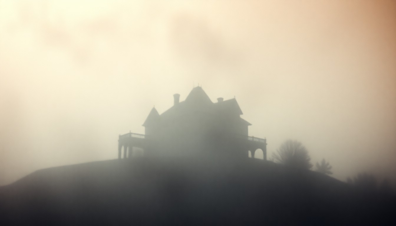 An extremely abstracted, out-of-focus photograph of an abandoned mansion on a hilltop, with only hints of the building's details visible through soft pools of warm color and light, conveying a sense of intrigue and the unknown.