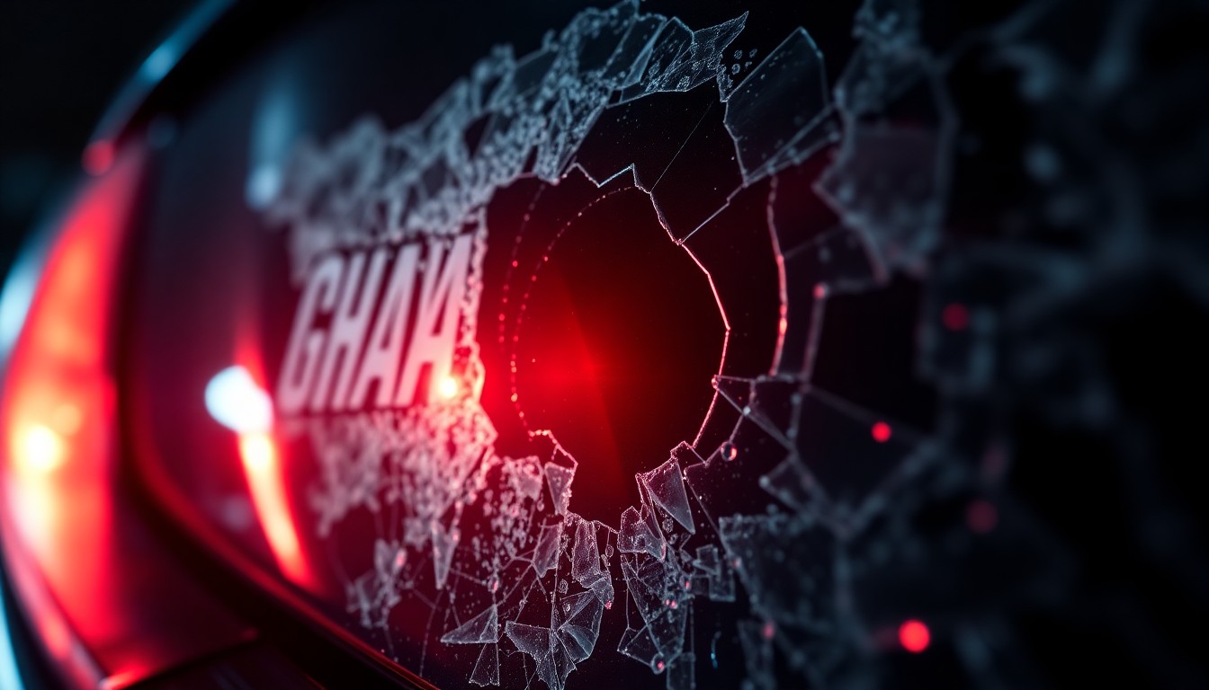 An extreme close-up of a shattered car sensor lens reflecting a faint red light, conceptually illustrating the evidence in a violent crime.