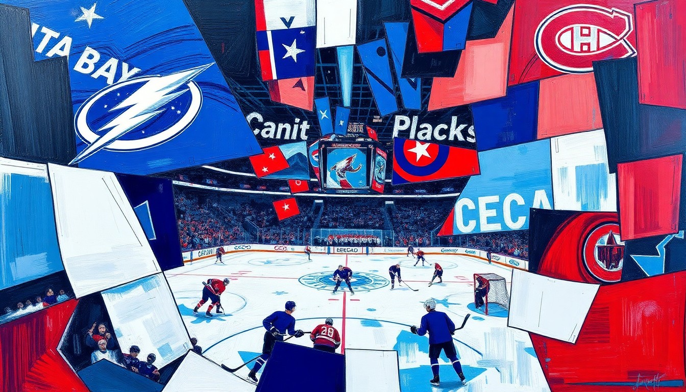 A cubist, geometric painting depicting a hockey game between the Tampa Bay Lightning and Montreal Canadiens, with the players and action broken down into sharp, overlapping planes of vibrant blue, red, and white colors.