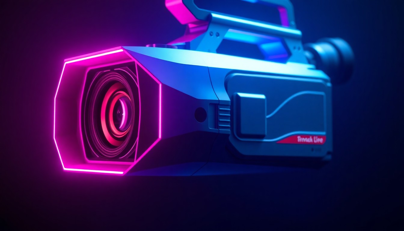 A highly detailed, glowing 3D macro illustration of a broadcast-grade PTZ camera with neon cyan and magenta lights illuminating its sleek, angular body and advanced optics, suspended against a dark, shadowy backdrop, conceptually representing the integration of cutting-edge imaging technology with sophisticated production workflows and automation.