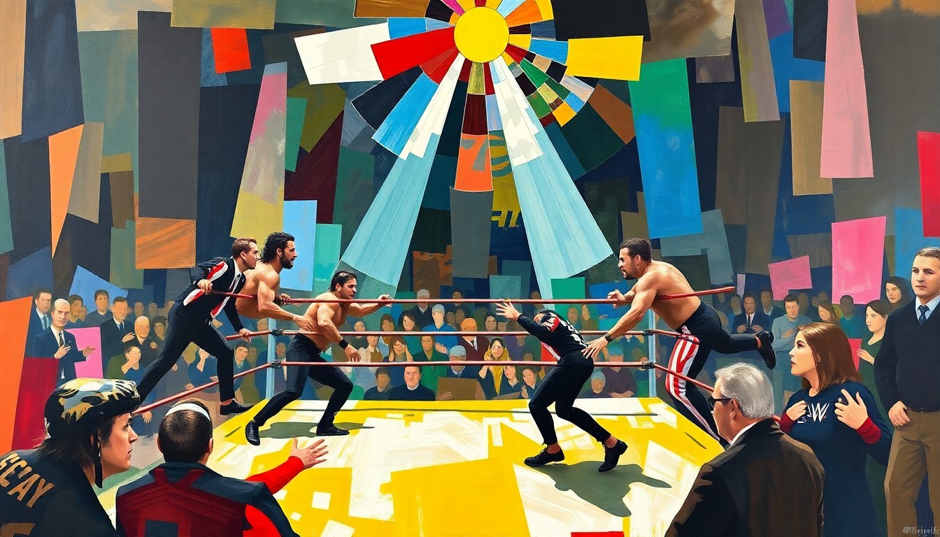 A cubist, geometric painting depicting the intense action of a ladder match, with overlapping planes of vibrant colors and shapes representing the wrestlers' movements and the chaotic environment of the match.