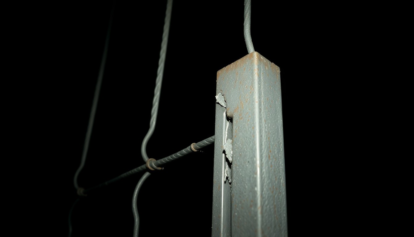 An extreme close-up photograph of a damaged metal fence post, lit by a harsh, direct camera flash against a pitch-black background, conveying the stark, gritty aftermath of a confrontation between activists and law enforcement.