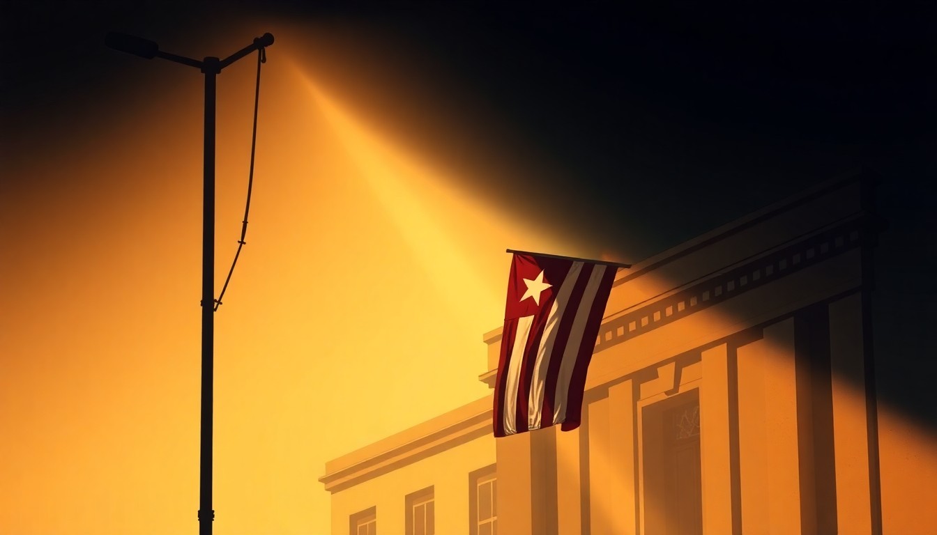 A moody, cinematic painting depicting a lone Cuban flag hanging from a government building, the fabric caught in a gentle breeze and the structure bathed in warm, dramatic lighting and deep shadows, conveying a sense of political tension and uncertainty.