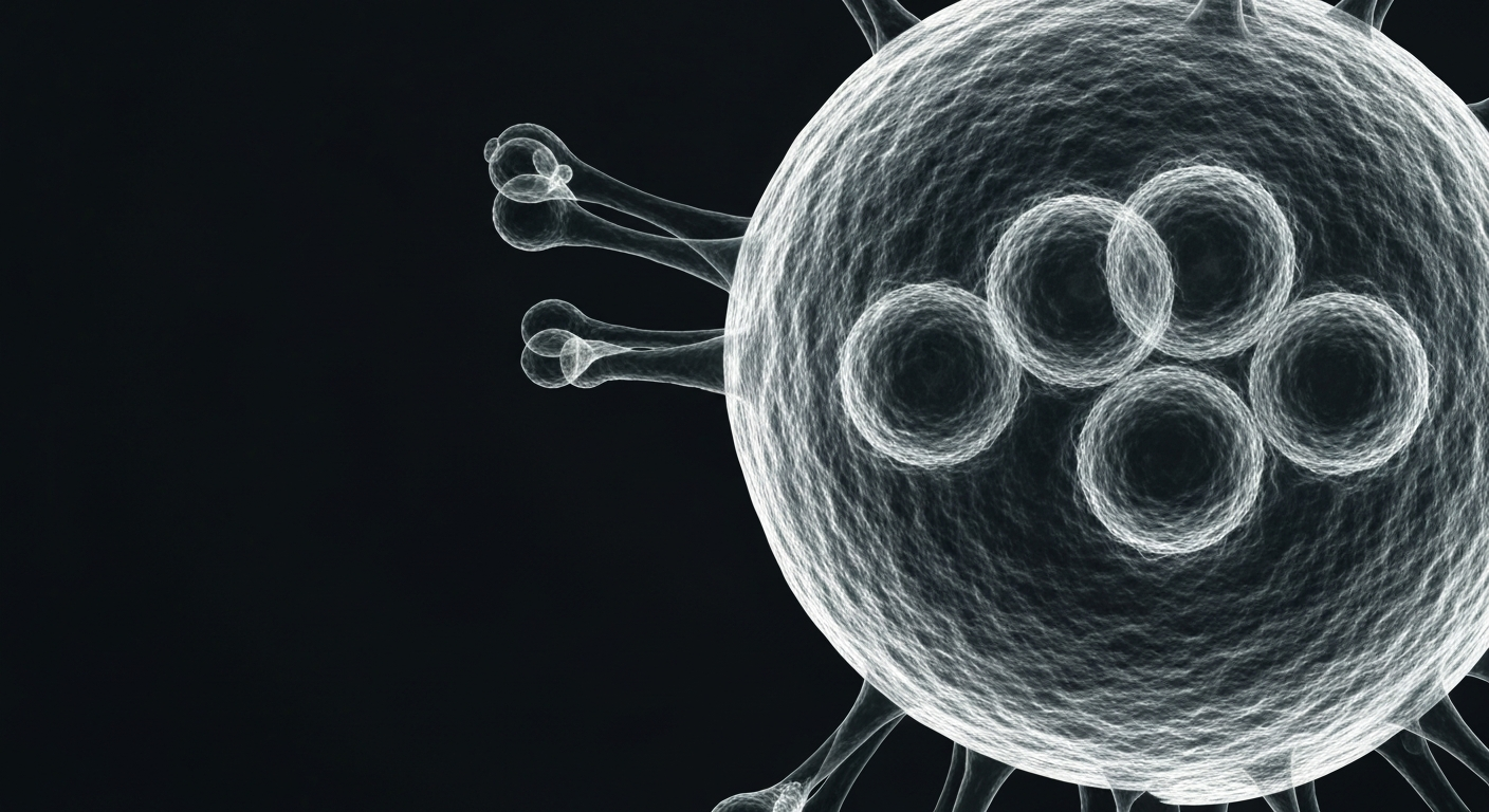 A translucent, ghostly X-ray image revealing the intricate internal structure of a measles virus particle, conceptually illustrating the public health concerns around this infectious disease.